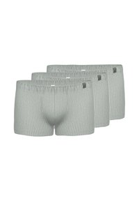 Un paio di boxer a righe grigie esposti in un set di quattro. Tessuto morbido, vita elastica e righe verticali di colore chiaro.