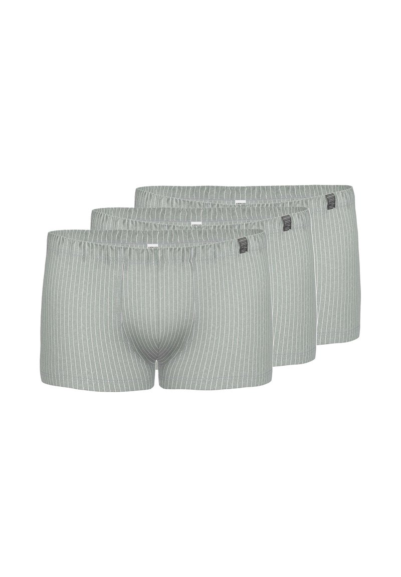 Szare, w paski bokserki zaprezentowane w zestawie czterech sztuk. Miękka tkanina, elastyczny pas oraz pionowe jasne paski.