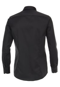 Black long-sleeve shirt with a smooth texture, buttoned cuffs, pointed collar, and a tailored fit. No visible patterns or logos.