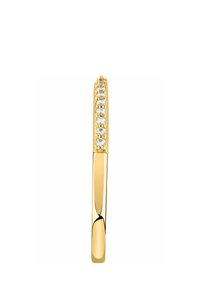 Orecchino ad anello in oro con superficie liscia e lucida, caratterizzato da una fila di piccole pietre trasparenti lungo il bordo esterno. Design sottile e circolare.