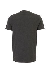 Tricou scurt de culoare gri închis, cu mânecă scurtă, având un gât rotund și un design simplu, solid, cu o textură netedă. Fără modele grafice sau accente.