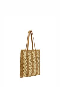 Vævet tote bag lavet af en blanding af naturlige materialer i lys brun og creme, med lange læderstropper og et stribet teksturdesign.