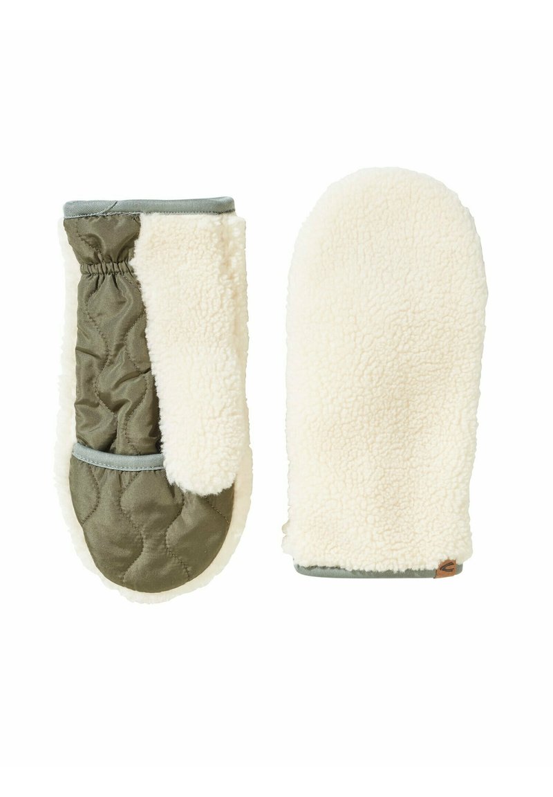 Warm mittens featuring a cream-colored fluffy exterior with an olive green quilted interior. Includes elastic cuff for a snug fit.