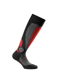 Kniestrümpfe in Schwarz, Grau und Rot mit geometrischen Mustern. Aus strapazierfähigem Material, mit verstärkten Zehen- und Fersenbereichen für zusätzlichen Halt.