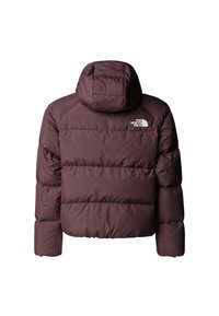 Puhasto jakna v temno bordo barvi, z odstranljivo kapuco, prešitim vzorcem in belim logotipom "The North Face" na hrbtni strani.