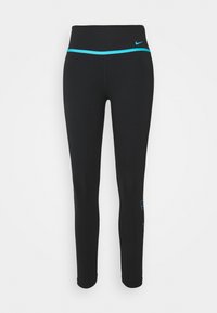 Musta leggings joustavasta materiaalista, joissa on turkoosi vyötärö ja yksityiskohdat. Ikoninen logo lonkassa, sileä pinta, kokopitkä malli.