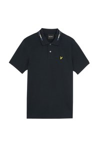 Polo shirt navy in cotone con apertura a due bottoni, colletto a coste con strisce colorate e logo dell'aquila gialla sul petto.