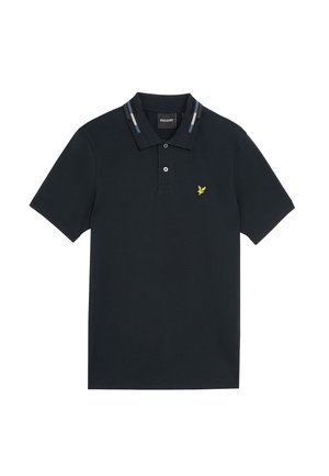 Polo de marină din bumbac, cu deschidere la gât cu două butoane, guler cu striții colorate și logo-ul unui vultur galben pe piept.