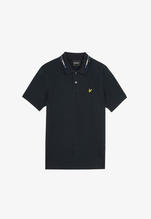 Polo de marină din bumbac, cu deschidere la gât cu două butoane, guler cu striții colorate și logo-ul unui vultur galben pe piept.