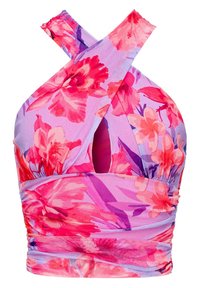 Top halter floreale in tessuto viola con fiori rosa e rossi, caratterizzato da un design a spalline incrociate e un'apertura frontale, stretto in vita.