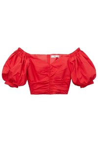 Haut rouge à manches boutonnées tombantes, avec des manches bouffantes et un détail froncé à l'avant, fabriqué dans un tissu lisse. Design court avec des accents élastiques.