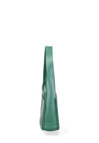 Borsa verde con una finitura liscia e opaca, caratterizzata da una larga tracolla e da una forma strutturata e angolare.