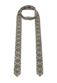 Woven necktie w czarno-białym kolorze, z geometrycznym wzorem. Posiada pętlę do łatwego zakupu oraz dwa zwężane końce.