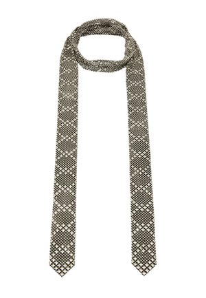 Woven necktie w czarno-białym kolorze, z geometrycznym wzorem. Posiada pętlę do łatwego zakupu oraz dwa zwężane końce.