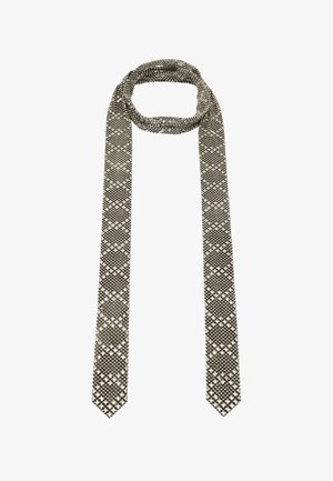 Woven necktie w czarno-białym kolorze, z geometrycznym wzorem. Posiada pętlę do łatwego zakupu oraz dwa zwężane końce.