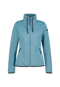 Un blouson en polaire bleu clair avec un motif texturé, un col montant, une fermeture éclair et deux poches latérales ; présente des accents et des bordures bleu marine.