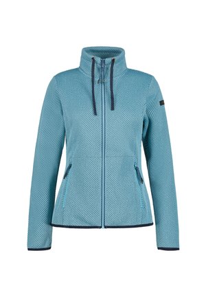 Un blouson en polaire bleu clair avec un motif texturé, un col montant, une fermeture éclair et deux poches latérales ; présente des accents et des bordures bleu marine.