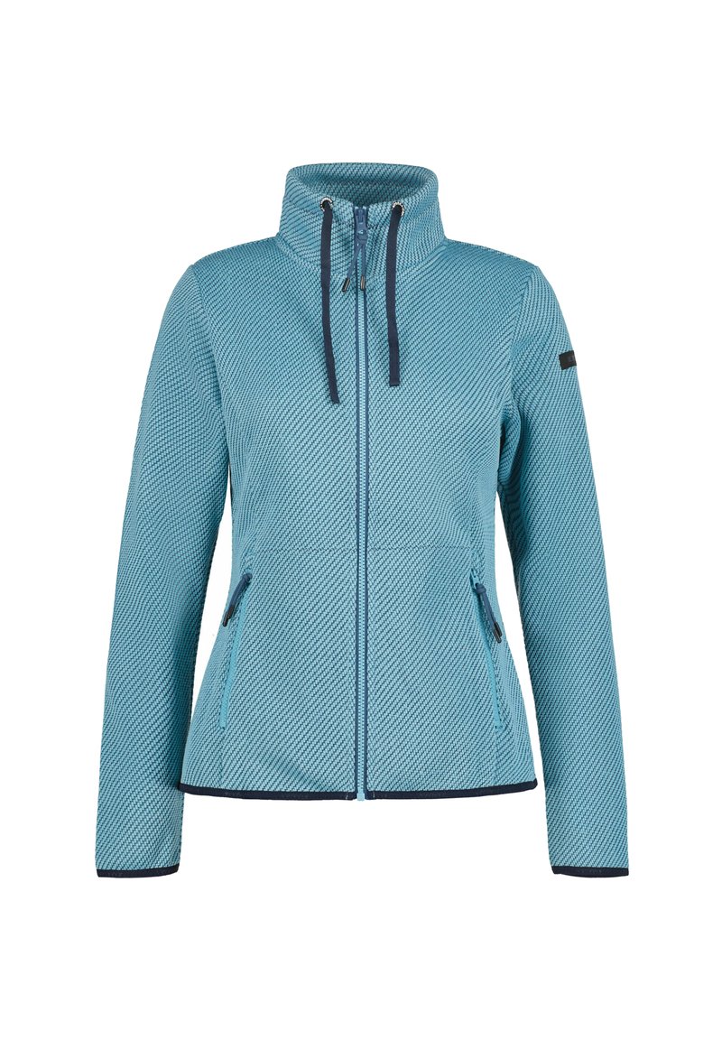 Un blouson en polaire bleu clair avec un motif texturé, un col montant, une fermeture éclair et deux poches latérales ; présente des accents et des bordures bleu marine.