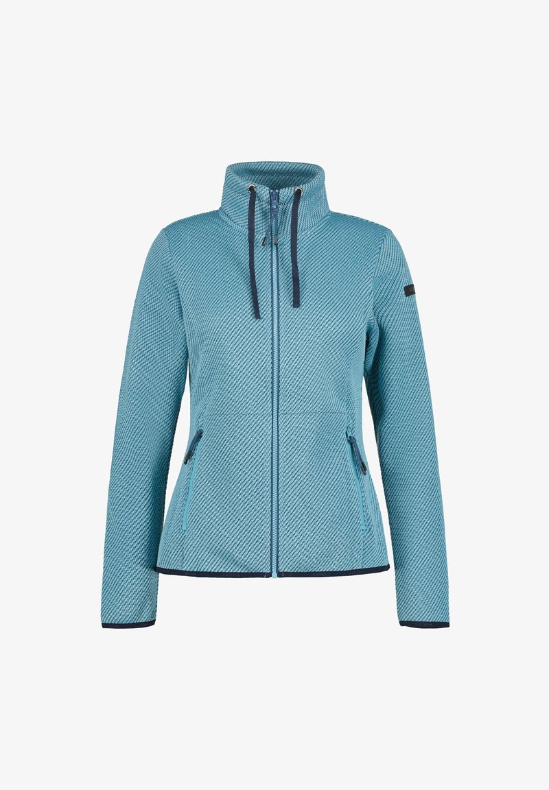 Un blouson en polaire bleu clair avec un motif texturé, un col montant, une fermeture éclair et deux poches latérales ; présente des accents et des bordures bleu marine.