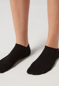 Calcetines negros hasta el tobillo con una textura acanalada, bordes lisos y un diseño ajustado que se adapta perfectamente al pie y al tobillo.
