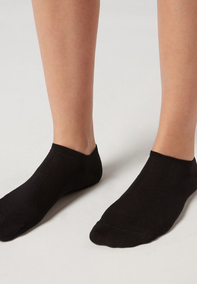 Calcetines negros hasta el tobillo con una textura acanalada, bordes lisos y un diseño ajustado que se adapta perfectamente al pie y al tobillo.