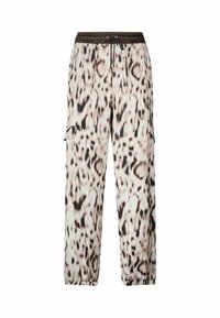 Pantalon cargo ample avec imprimé léopard noir et beige, taille élastique avec cordon de serrage, poches latérales et poignets élastiqués.