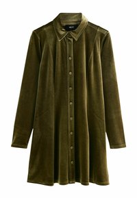 Olivengrünes Samthemdkleid mit langen Ärmeln, Spitzkragen, durchgehender Knopfleiste und Seitentaschen, das eine glatte, weiche Textur aufweist.