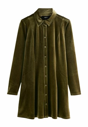 Olivengrünes Samthemdkleid mit langen Ärmeln, Spitzkragen, durchgehender Knopfleiste und Seitentaschen, das eine glatte, weiche Textur aufweist.
