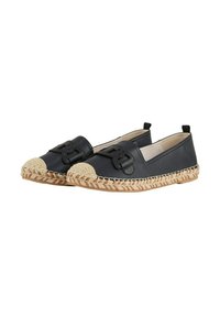 Black leather espadrilles feature a woven jute sole, rounded toe, and decorative knot detail on the upper, with a beige woven cap toe.
