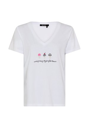 White V-neck T-shirt with three colorful ice cream cone illustrations and text "made for sunny days & gelato dreams" on the front.