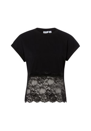 Schwarzes Crop-Top mit kurzen Ärmeln und Spitzen-Detail am unteren Saum, mit floralem Spitzenmuster und rundem Ausschnitt.