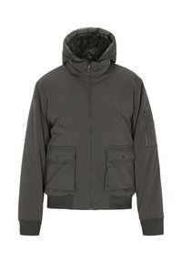 Mørkegrønne puffervest med lynlås foran, hætte, to forbrystlommer og en lynlåslomme på ærmet. Ribbet manchetter og kant.