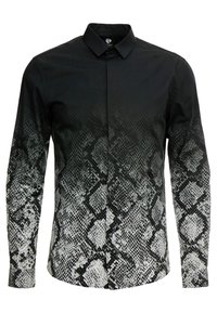 Black long-sleeve shirt featuring a snake skin pattern in gradient shades of gray and white, with a classic collar and front button closure.