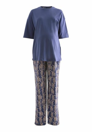 Navyblaues Baumwoll-T-Shirt mit kurzen Ärmeln und lockerem Schnitt, kombiniert mit gemusterten Hosen mit Elefanten in Gold und Navy auf einem weichen Hintergrund.