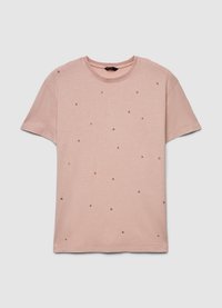 Rosa T-Shirt mit kurzen Ärmeln aus weichem Stoff, verziert mit verstreuten metallischen Punkten, Rundhalsausschnitt und lockerer Passform.