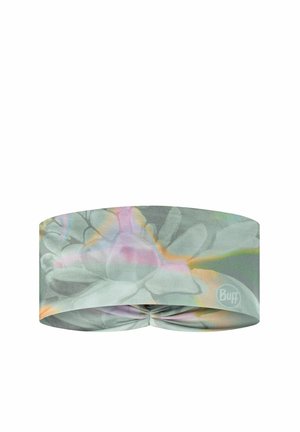 Stretch fabric headband with abstract floral pattern in muted green, pink, orange, and gray tones, featuring a small "Buff" logo.