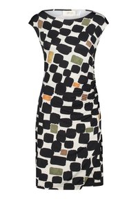 Robe noire et crème avec des motifs carrés abstraits en vert, orange et rouille. Présente des fronces sur le côté pour plus de texture.