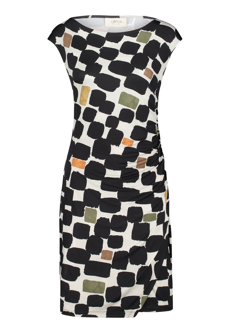 Robe noire et crème avec des motifs carrés abstraits en vert, orange et rouille. Présente des fronces sur le côté pour plus de texture.