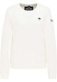 White sweatshirt made of cotton with long sleeves, ribbed cuffs, and a small blue umbrella emblem on the chest. Soft texture, casual design.