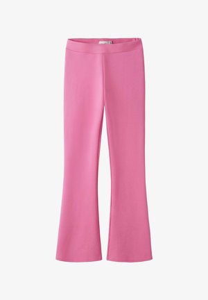 Pantalon taille haute rose avec une texture lisse et une légère évasement en bas, présenté sur un fond blanc.