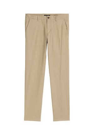 Pantalon en coton beige à coupe droite, doté de poches avant, d'une fermeture à bouton et d'une texture lisse.