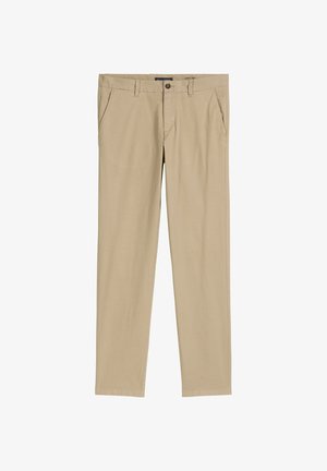 Beige cotton pants with a straight-leg design, featuring front pockets, a button closure, and a smooth texture.