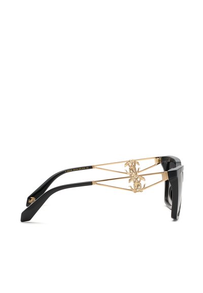 Lunettes de soleil noires avec de larges montures et des branches métalliques triangulaires dorées présentant des logos décoratifs dorés près des charnières.