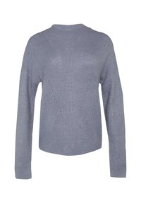 Pull en tricot gris clair avec encolure ronde, manches longues et un motif texturé avec des lignes diagonales. Poignets et ourlet côtelés.