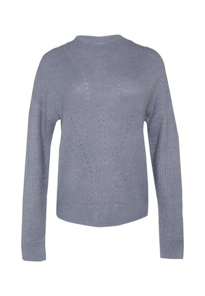 Light gray knitted sweater with a crew neck, long sleeves, and a textured pattern featuring diagonal lines. Ribbed cuffs and hem.