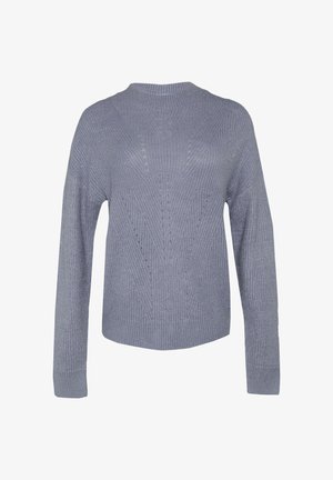 Light gray knitted sweater with a crew neck, long sleeves, and a textured pattern featuring diagonal lines. Ribbed cuffs and hem.