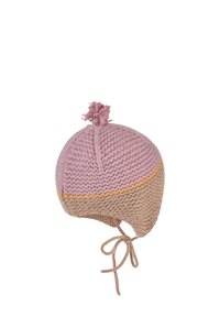 Knit hat in pink and beige with a pom-pom on top, featuring ear flaps and tie straps. Soft texture with a striped design.