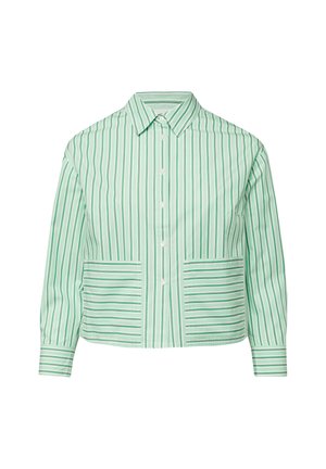 Hellgrünes Hemd mit Knöpfen, vertikalen weißen und grünen Streifen, Kragen, langen Ärmeln und zwei horizontal gestreiften Taschen vorne.