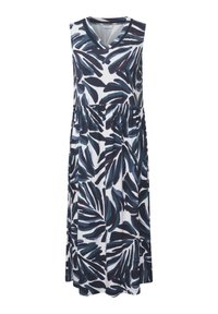 Sukienka bez rękawów z białego materiału w niebiesko-ciemnozielony wzór liści, z dekoltem w serek i elastycznym paskiem w talii, zapewniająca luźniejszy krój.