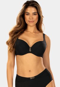 Czarny stanik o prążkowanej fakturze z dekoltem w serek, złotymi okrągłymi akcentami na środku oraz szerokimi ramiączkami dla wsparcia. Gładka tekstura na całej powierzchni.